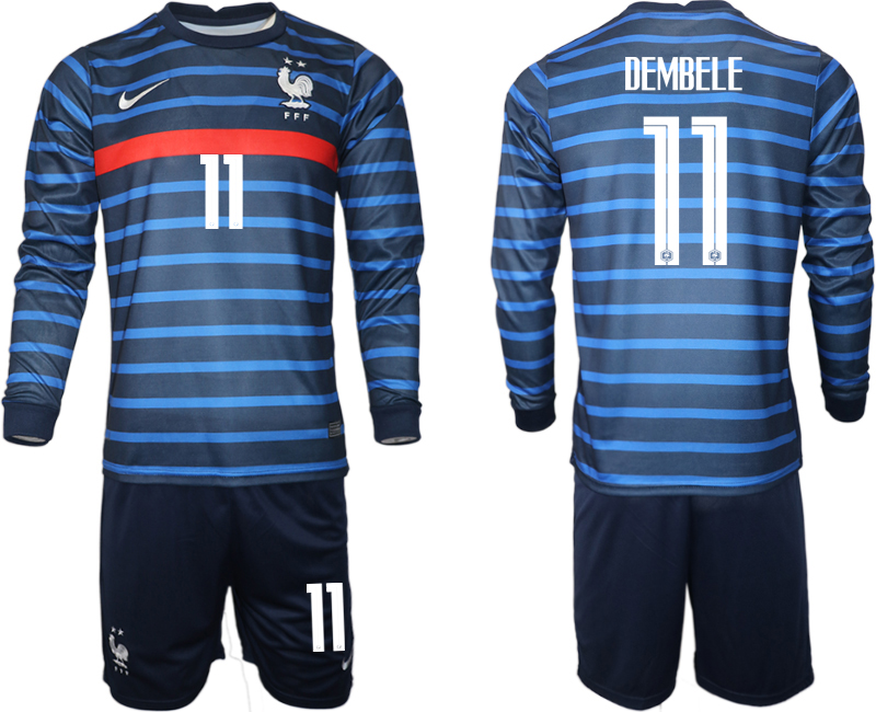 Cheap Men 2021 European Cup France home blue Long sleeve 11 Soccer Jersey1